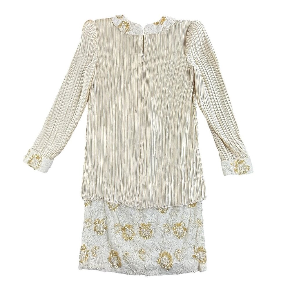 Vintage George F. Couture Dress Women's 8 Ivory Pleated Beaded Lace USA Cocktail